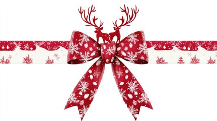 Christmas bow clipart, reindeer motif, red and white, isolated on white background
