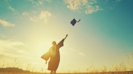 A graduate joyfully throws their cap into the air against a sunset backdrop.