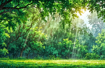Fototapeta premium Summer rain in lush green forest, with heavy rainfall background. Rain in the forest with sun casting warm rays between the trees. Abstract natural backgrounds for your design