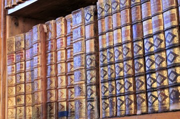 Alte Bücher im Bücherregal, Buchrücken, Sammlung in Bibliothek
