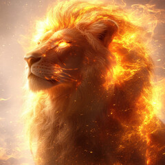 Naklejka premium radiant lion with fiery glowing mane exudes power and majesty
