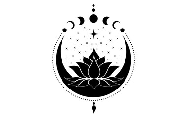 Mystical Crescent Moon and Sacred Lotus flower with Stars Moon Phases logo design. Floral magic celestial clipart of yoga, spa, beauty salon, cosmetics, relax, brand style, tattoo. Isolated on white