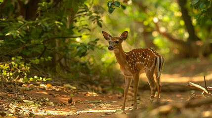 Wild Spotted Deer Looking Back: A wild spotted deer looking back in Yala National Park.