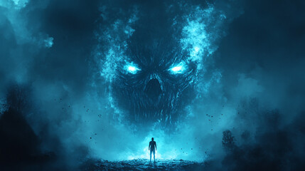 A mysterious figure stands before a large, ominous skull in a misty, blue atmosphere, evoking themes of fear and the supernatural.