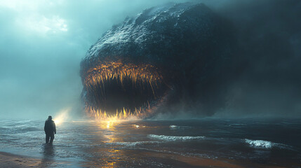 A mysterious figure stands before a colossal, monstrous creature emerging from dark, stormy waters, embodying both fear and intrigue.