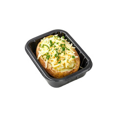 Baked potato with cheese and herbs in a black plastic container