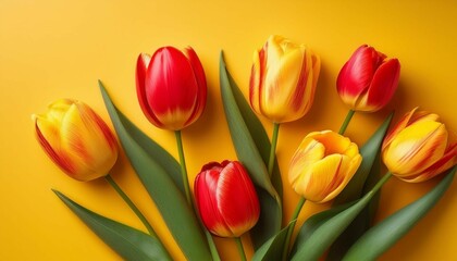 Obraz premium red yellow tulips on yellow background spring floral design fresh and vibrant