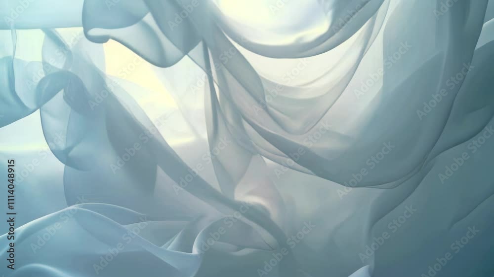 Poster Animation of translucent white fabric moving smoothly in space. Soft light and curves of the fabric create a sense of movement, harmony and lightness