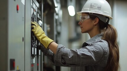 A female technician working on electrical control panels in an industrial setting.