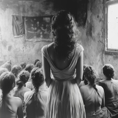 A beautiful teacher and her students