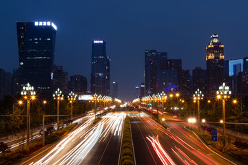Fototapeta premium Night view of Century City section, Tianfu Avenue, Chengdu, Sichuan, China