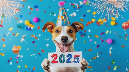 Naklejka premium A cheerful dog wearing a festive party hat, holding a sign with 