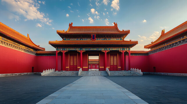 Close-up of the red wall and eaves of a traditional Chinese palace
