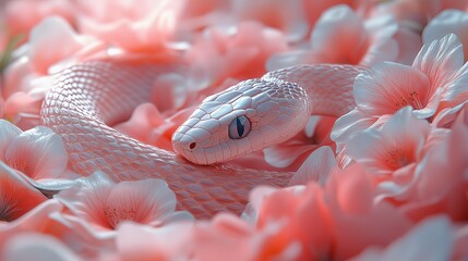 Fototapeta premium A white snake is laying on a bed of pink flowers