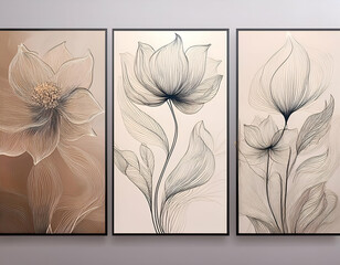 Set of three vertical posters featuring minimalist flower designs.Minimalist Set of Three Vertical Posters with Smoky Line Art Flowers on a Warm Beige Background