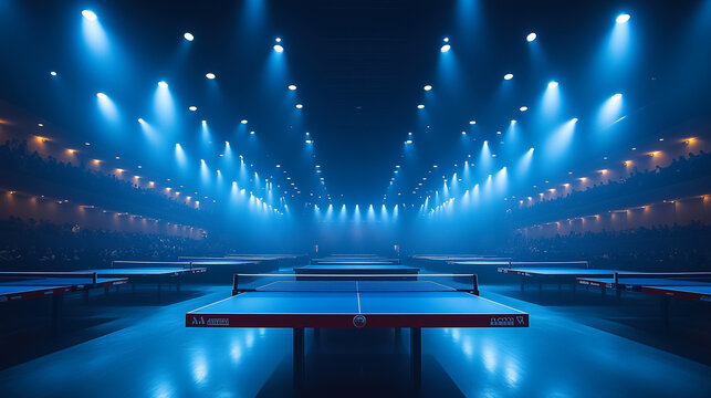 Exciting table tennis arena featuring multiple tables under dramatic lighting during a competitive tournament. Generative AI - Powered by Adobe