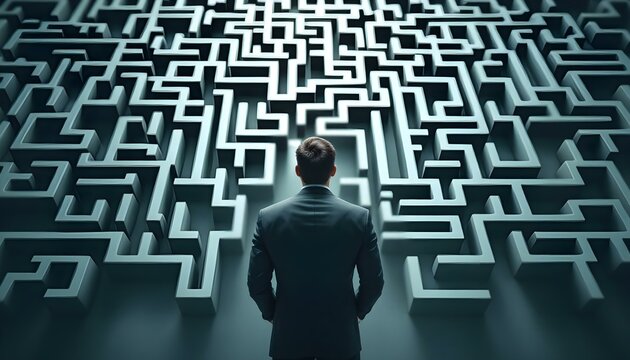 A businessman stands facing a complex pattern. It symbolizing challenges and decision-making in professional life and business too