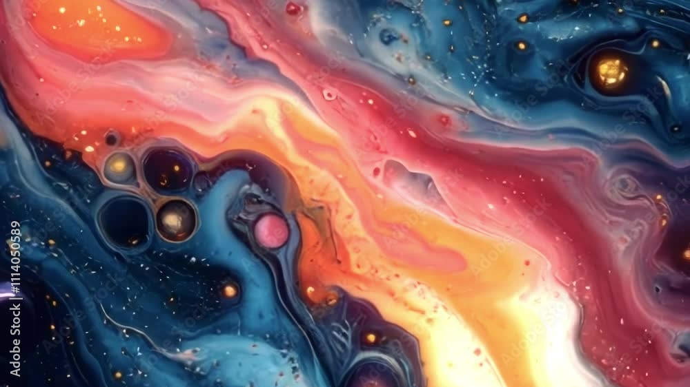 Poster Abstract color animation with a swirl of colors and shapes reminiscent of galaxies and stars. Dynamic composition with high contrast