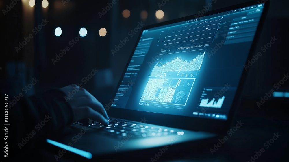 Poster a close-up of a laptop displaying data analytics and graphs in a dimly lit environment.