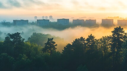Fototapeta premium Mysterious fog envelops the city at dawn