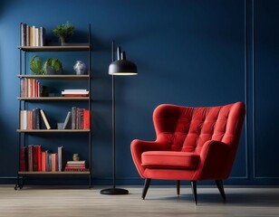 red armchair bookshelf and floor lamp in a dark blue room creating a cozy and inviting atmosphere for relaxing