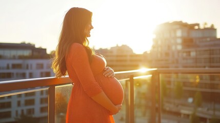 Pregnant woman standing on a balcony at sunset, embracing motherhood and the beauty of life.