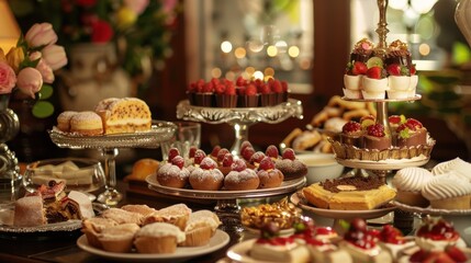 Naklejka premium Delightful celebration of International Dessert Day featuring a stunning array of sweets and treats in an inviting setting