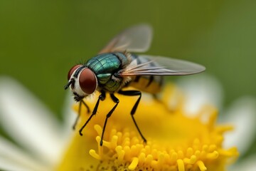 Fototapeta premium Vibrant Green Bottle Fly with iridescent wings perched on Yellow Flower Macro, Macro Photography
