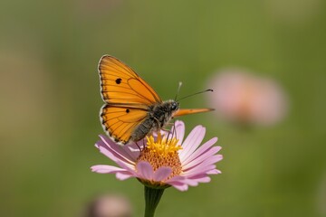Obraz premium Orange Butterfly on Pink Flower in Soft Focus Green Background, Macro Photography