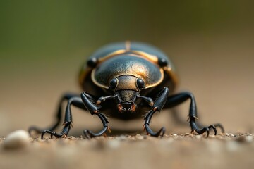Fototapeta premium Close-up of a Golden-Bronze Beetle on the Ground against a blurred background, Macro Photography
