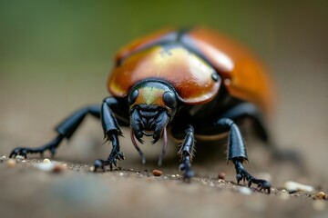 Naklejka premium Close-up of a vibrant orange and black beetle on the ground against a blurred background, Macro Photography