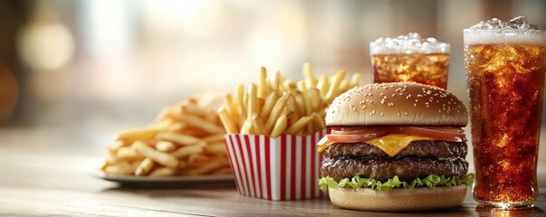 Delicious double cheeseburger combo with crispy french fries and ice-cold soda; perfect for fast food advertising or restaurant menus.