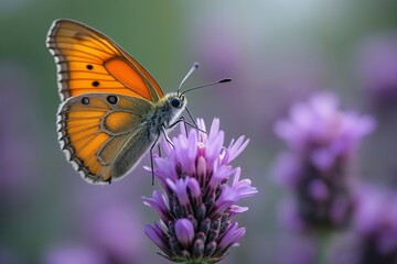 Obraz premium Close-up vibrant orange butterfly perched atop a purple flower, Macro Photography