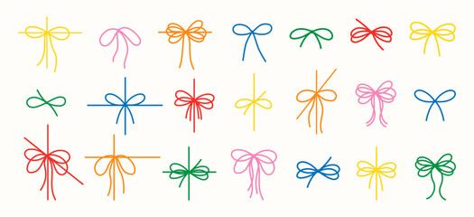 Set decorative isolated on white background colored silhouettes, contours of bows, ribbon made of thin jute, rope for gift wrapping, present for New Year, Christmas, Birthday. Vector EPS10