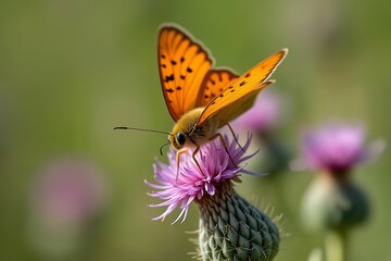 Obraz premium Lycaena dispar butterfly on a thistle flower in a sunlit meadow Macro Photography