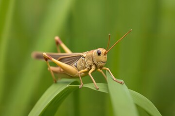 Close-up of a Grasshopper on a Blade of Grass in a Lush Green Field Macro Photography