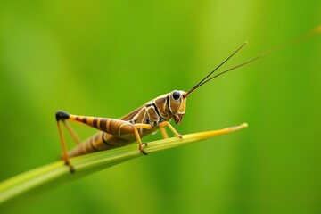 Fototapeta premium Vibrant Grasshopper on Green Blade of Grass Macro Photography