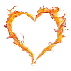 A fiery heart shape made of dynamic, swirling flames, isolated on a white background, symbolizing passion and love.

