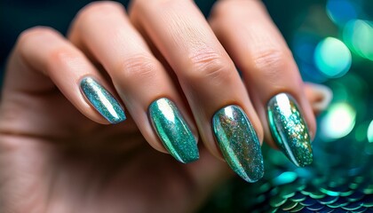 gros plan sur une main de femme qui montre ses ongles recouverts de vernis a effet metallique style sirene