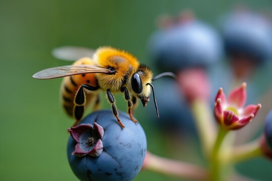 Honeybee with yellow and black stripes perched atop a blueberry, Macro Photography