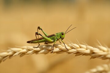 Green Grasshopper on Wheat Stalk in Golden Field Macro Photography
