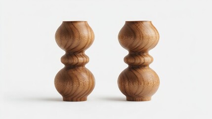 Simple with few lines Set of two wooden candlesticks with a textured finish. The wood is stained in a light brown color and shaped like round.