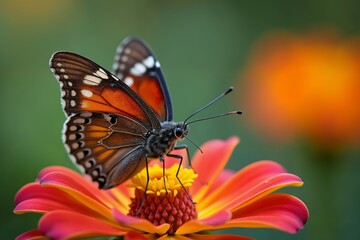 Obraz premium Monarch Butterfly on Vibrant Zinnia Flower Macro Photography