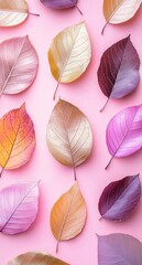 多彩な色合いの葉が並ぶ、柔らかなピンクの背景
