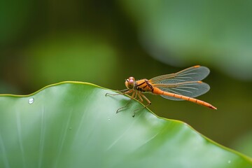 Vibrant Orange Dragonfly Resting on a Lush Green Leaf Macro Photography