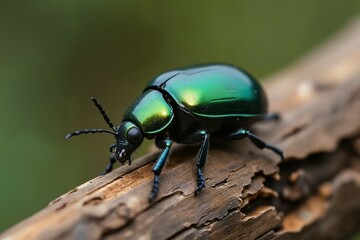 Naklejka premium Vibrant Green Metallic Beetle on Rustic Wood - Close-Up Macro Photography