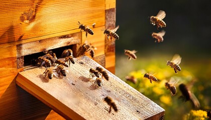 honeybees flying entering beehive wooden box