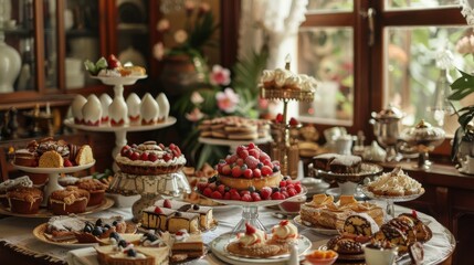 Naklejka premium Delightful dessert spread for International Dessert Day at a cozy cafe in the afternoon