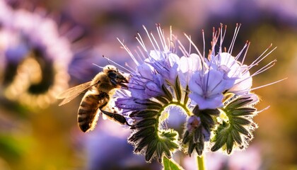 honeybee on phacelia flower collecting nectar and pollen