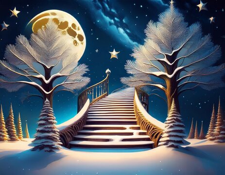 decor artistique avec escalier sapins neige lune et ciel etoile